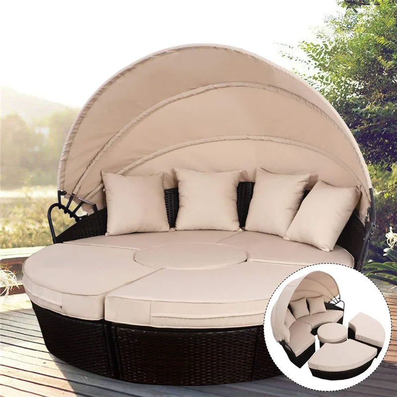 5-piece Modular Patio Furniture Outdoor Daybed Wicker Sunbed Sectional Conversation Round Sofas Set with Canopy For Garden Lawn