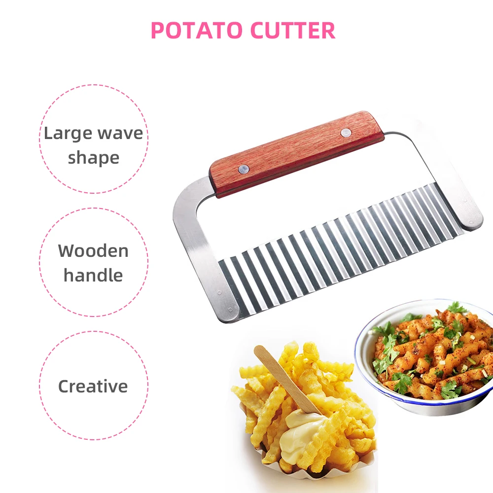 Kitchen multifunctional wood handle manual stainless steel wave vegetable fruit strip chip crinkle french fry potato cutter
