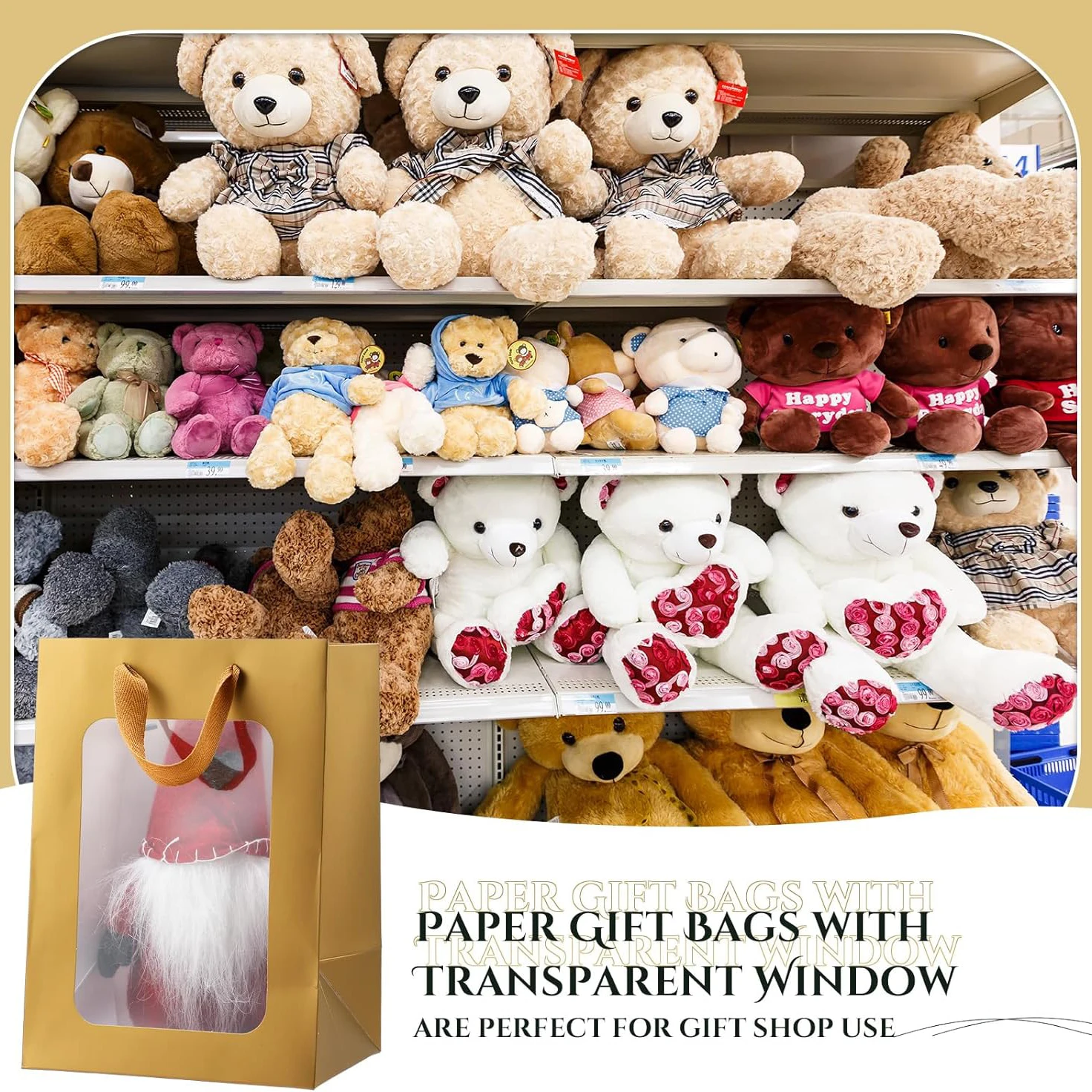 Custom Recyclable gift Shop flower Wedding festival birthday Logo golden handlybag clear window cardboard bags for jewelry