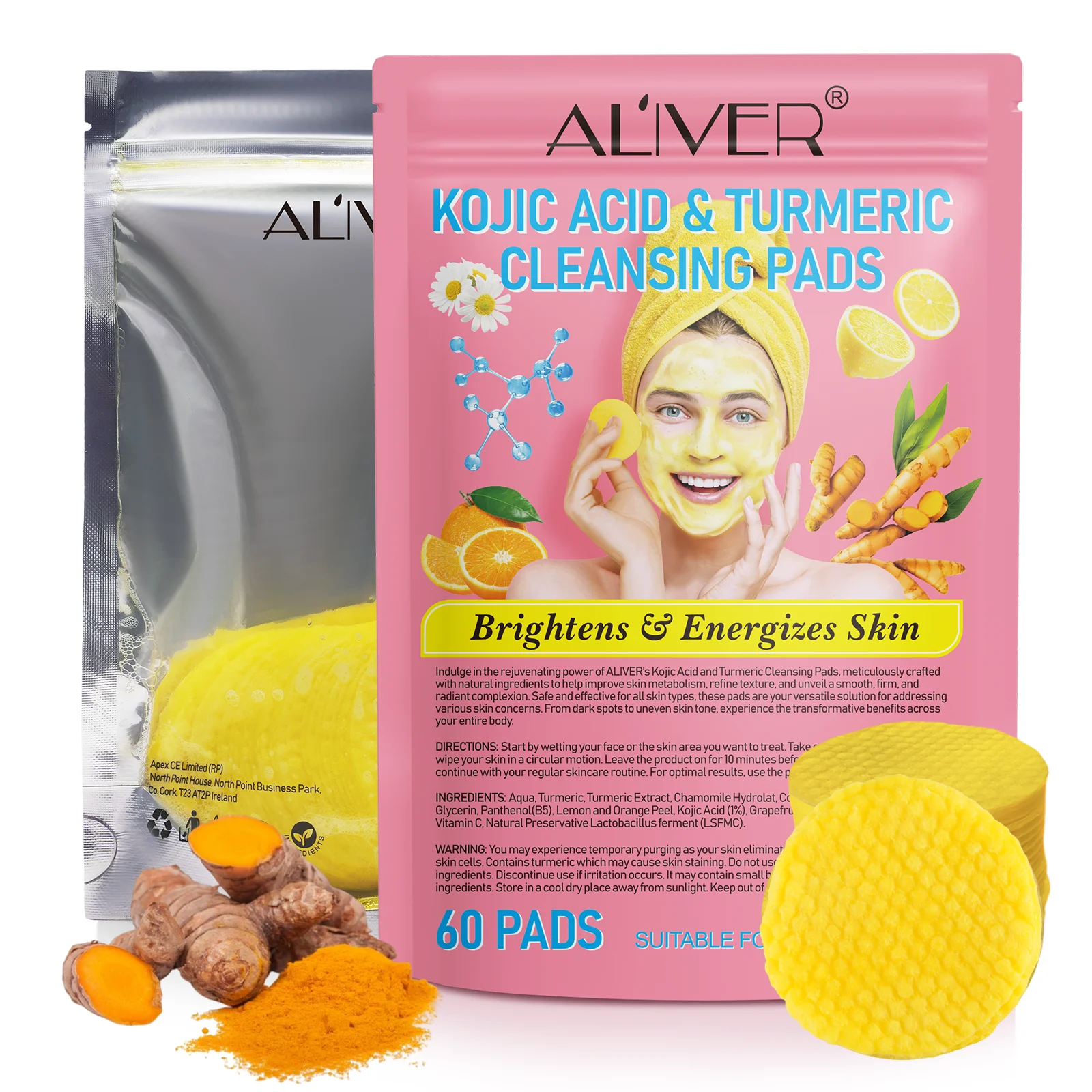 ALIVER firming energizes skin brightening makeup disposable cotton facial face turmeric kojic acid exfoliating cleansing pads