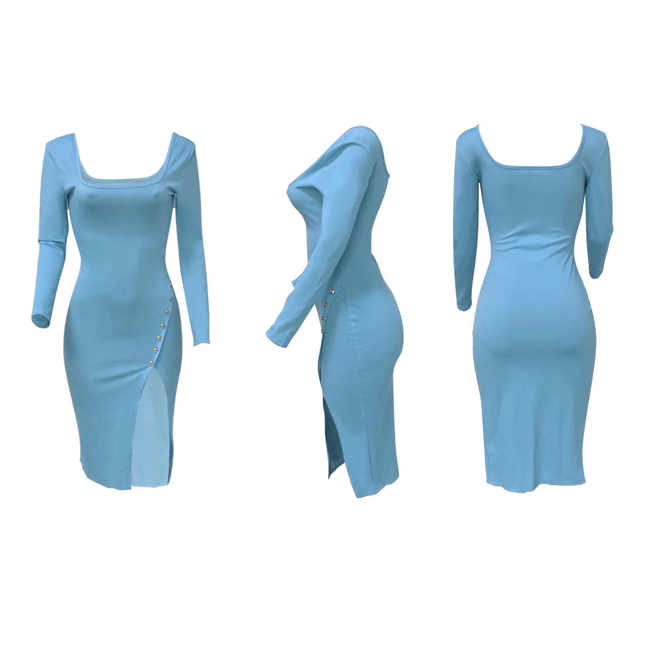 Woman Clothing Girls Lady Autumn New Style Square Neck Slim Sexy Slit Casual Dress 9 colors