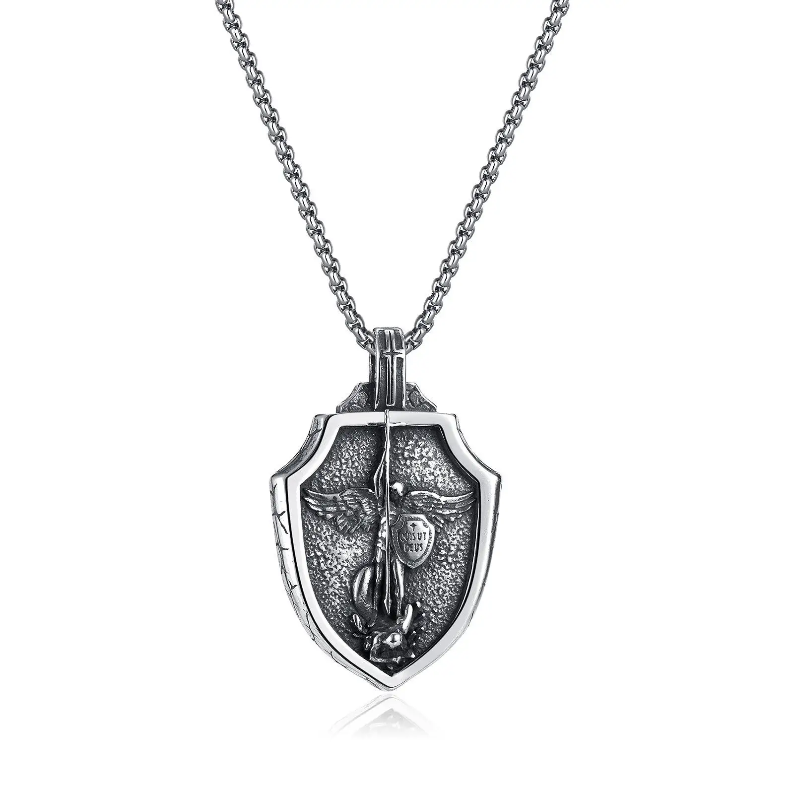 Custom Stainless Steel Flying Angel St Michael Rosary Pendants The Archangel Protect Us Necklace For Men Women