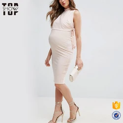 Office maternity clothing wholesale high neck sleeveless nursing dress with tie sides