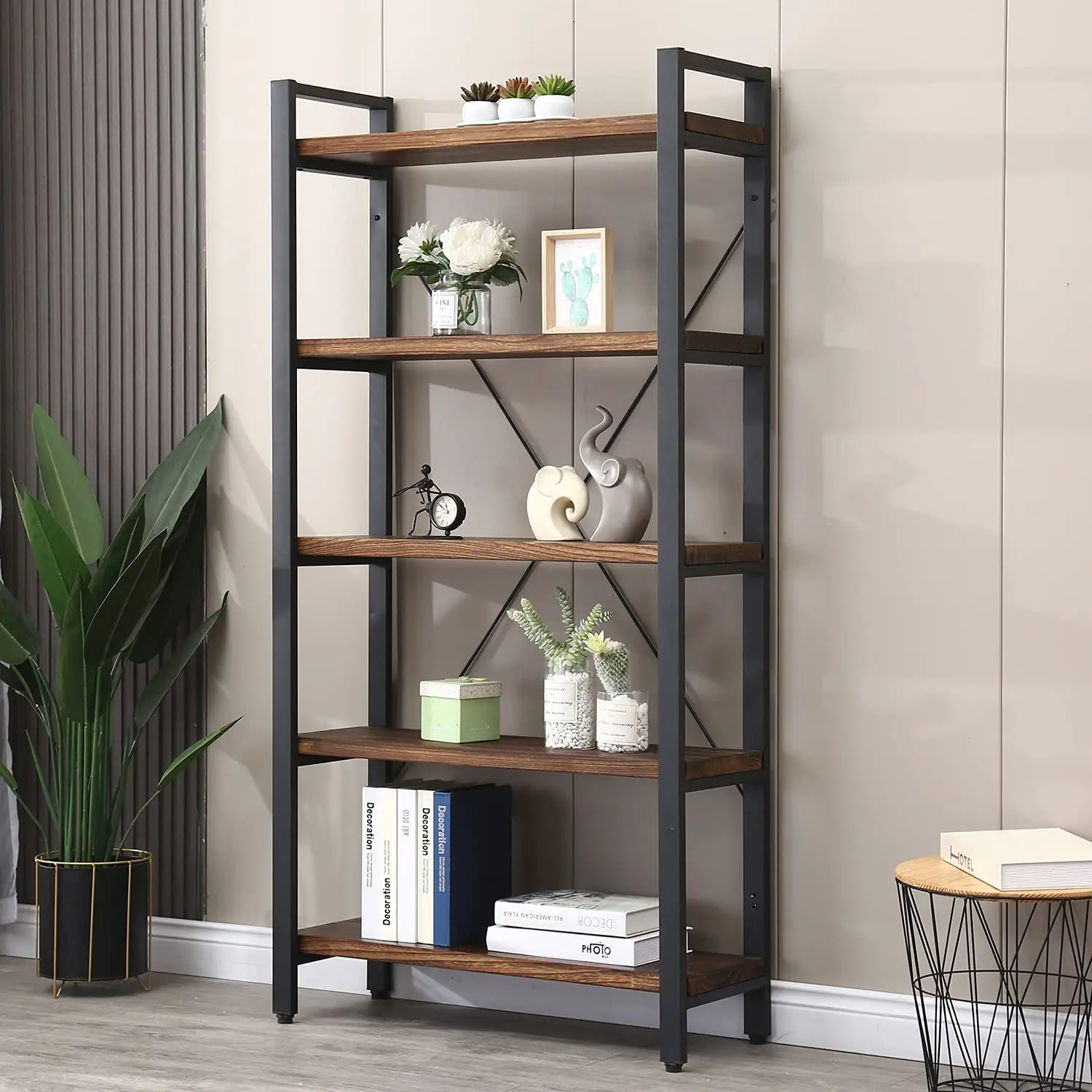 Solid Wood Metal Vintage Brown 5 Tier Bookshelf