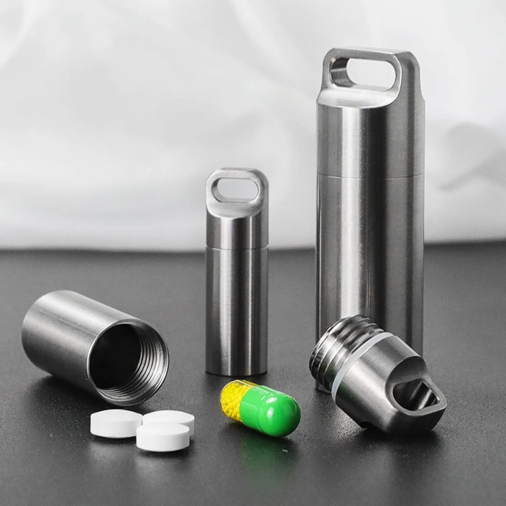 Portable Metal Pill Container Holder Keychain Waterproof Pill Box Bottle Mini Stainless Steel Pill Organizer for Travel