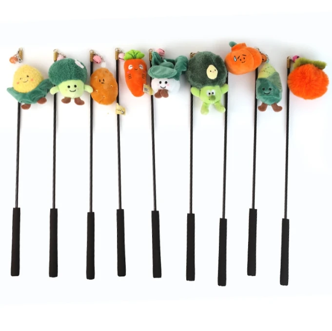 Funny Plush Vegetable Fruit Replacement Head Cat Teaser Toy Wooden Handle Foam Handle Cat Teaser Stick