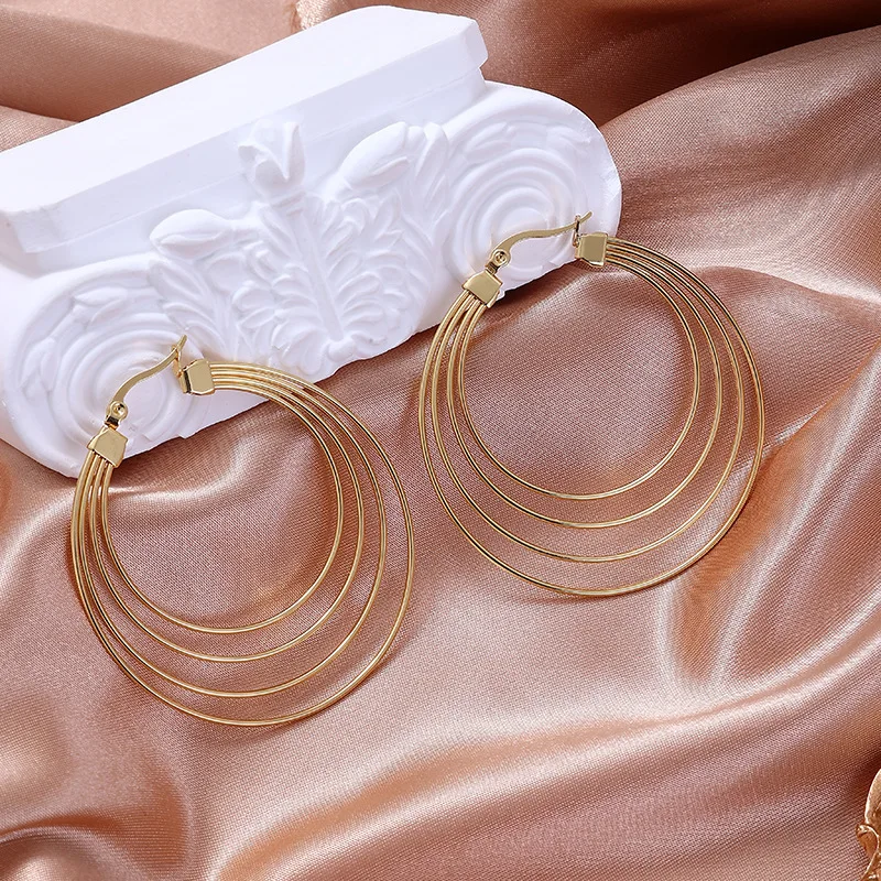 QIFEI Exaggerated Geometric Thread Hoop Earrings Stainless Steel 18K Real Gold Jewelry Earrings