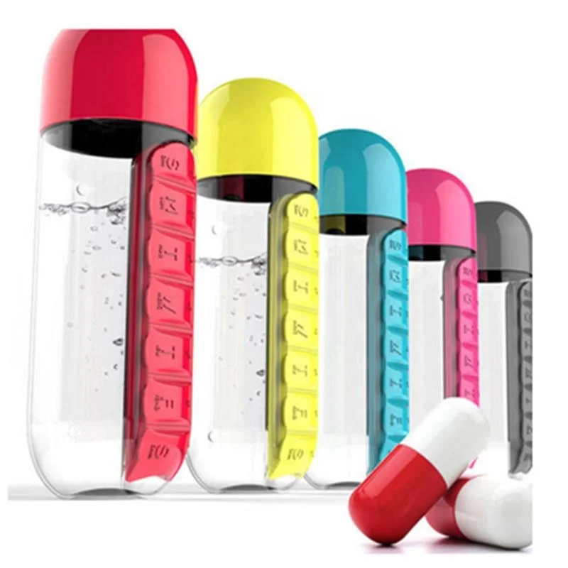 New design water cup with seven-day medicine box, removable and portable pill cup bottle