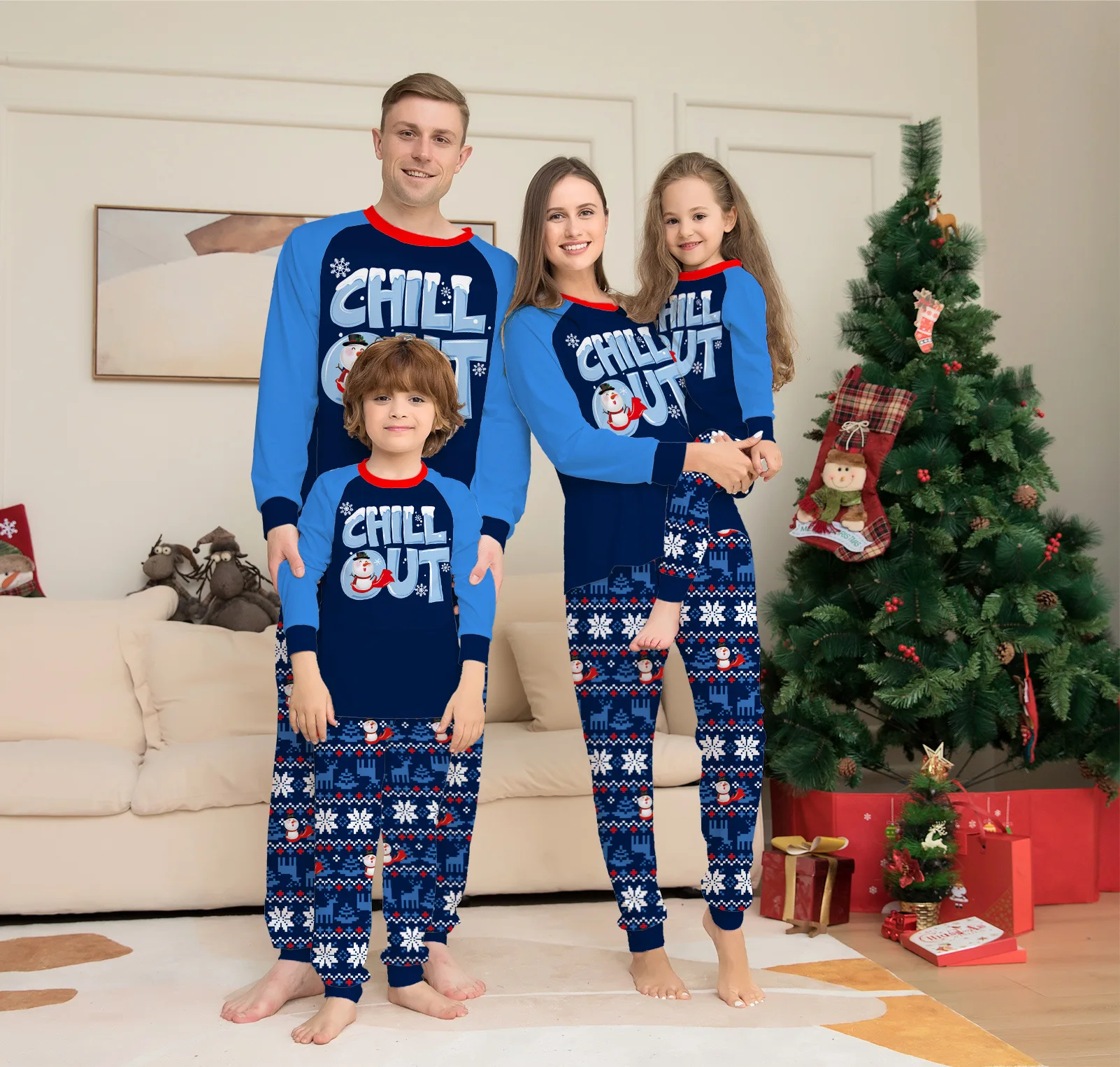 2024 new letter snowflake printing Christmas parent-child suit pajamas long sleeve home clothes