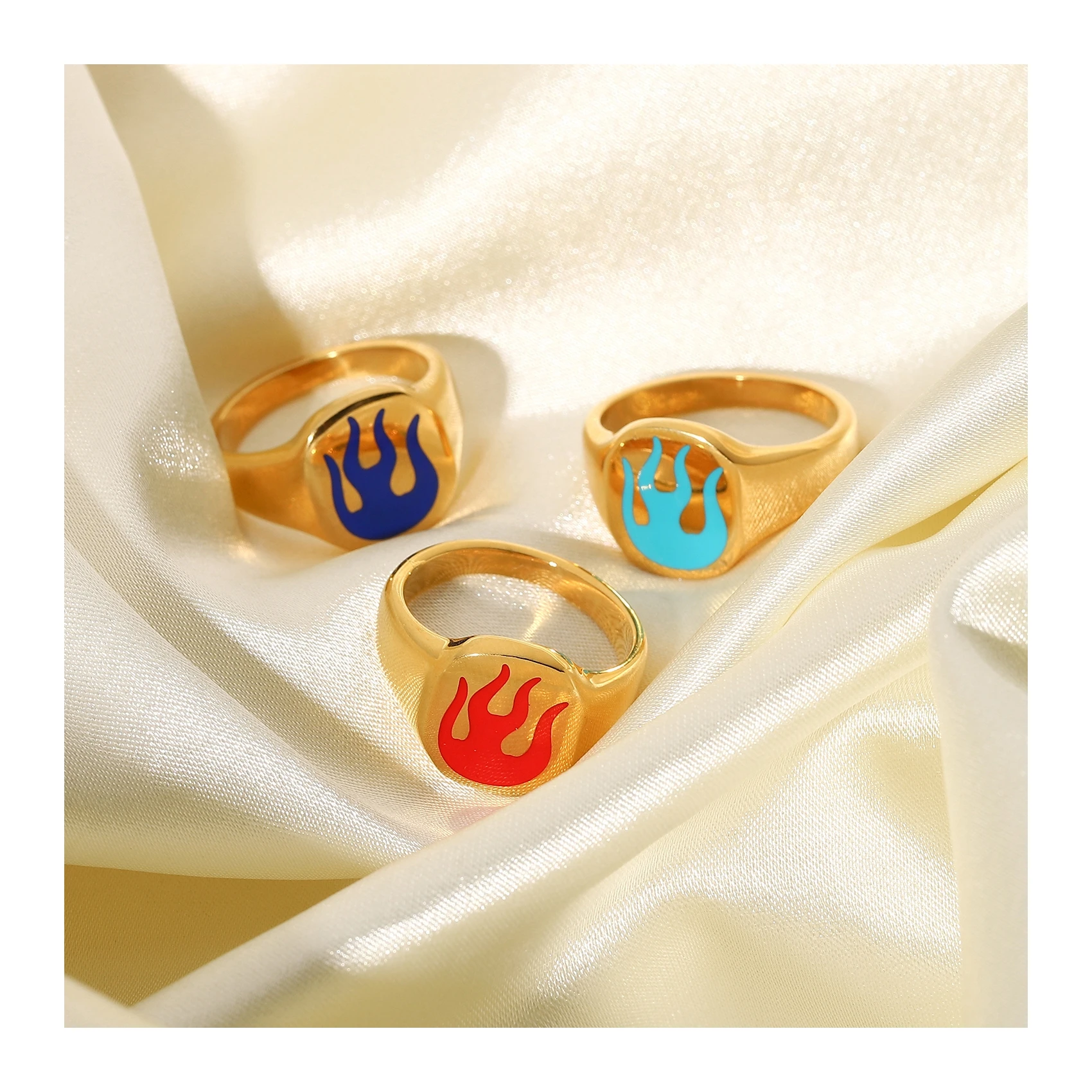 INS Net Hot Sale Stainless Steel Finger Jewelry 18k Gold Plated Red Blue Flame Couple Pair Ring For Men Women
