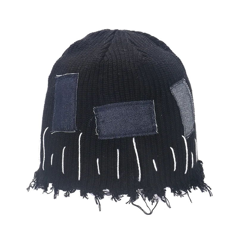 Fashion Slouch Distressed Acrylic Custom Winter Cuffless Beanie Hat with Label Patches Men Women Knitted Hats