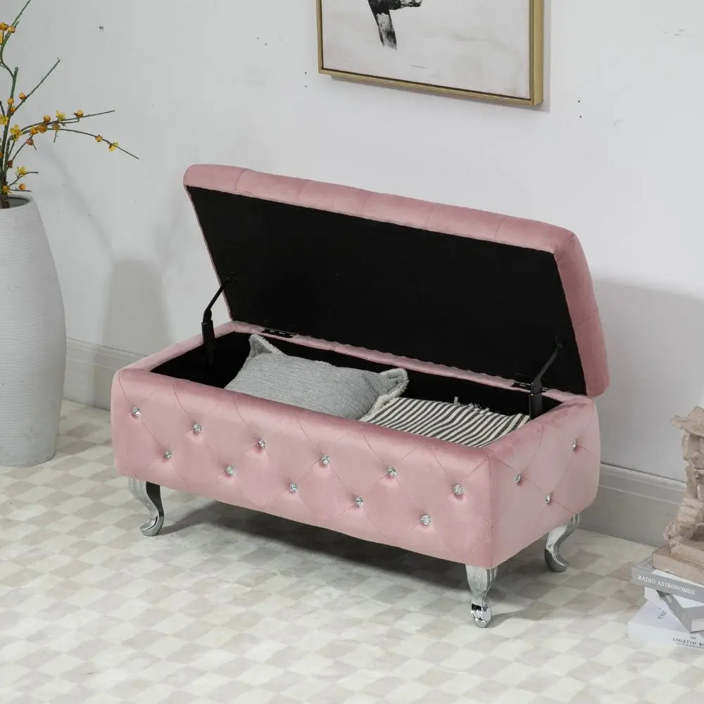 Manufacturer Custom Luxurious Pink Velvet Storage Side Opening Door Ottoman Bench