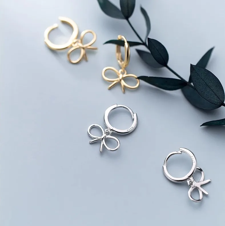 Trendy Korean Sterling Silver Gold Plated Bowknot Design Ribbon Bow Hoop Earrings for girl
