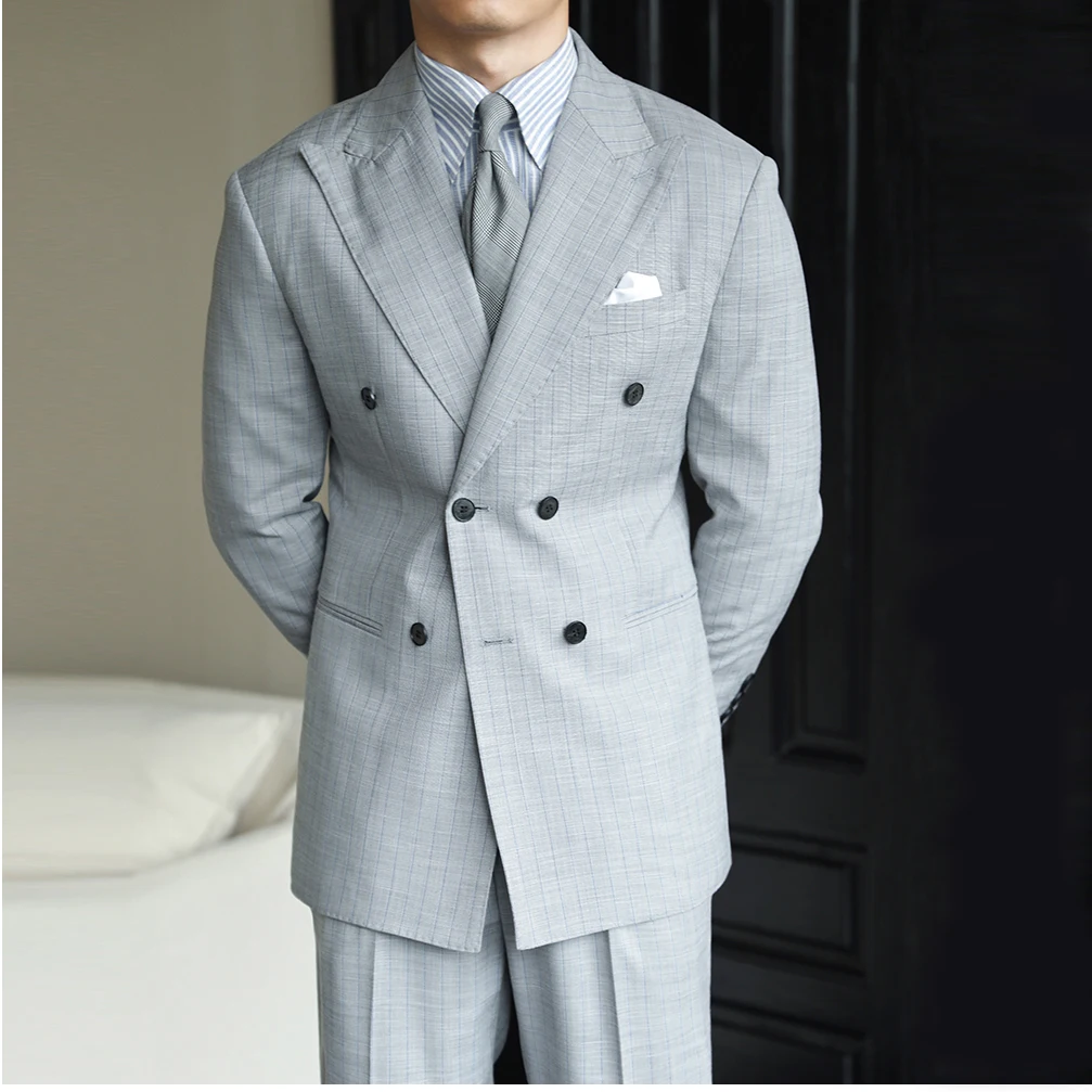 Spring High Quality Slim Business light gray striped draped Naples suit Double Breasted dual vents Peaked Lapel Suit for men