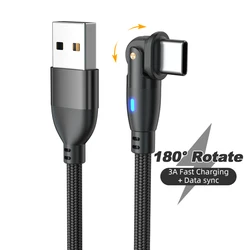 180 Degree Rotating USB to Type C Charging Data Transfer Nylon Cable L Shape and Straight 2 in 1
