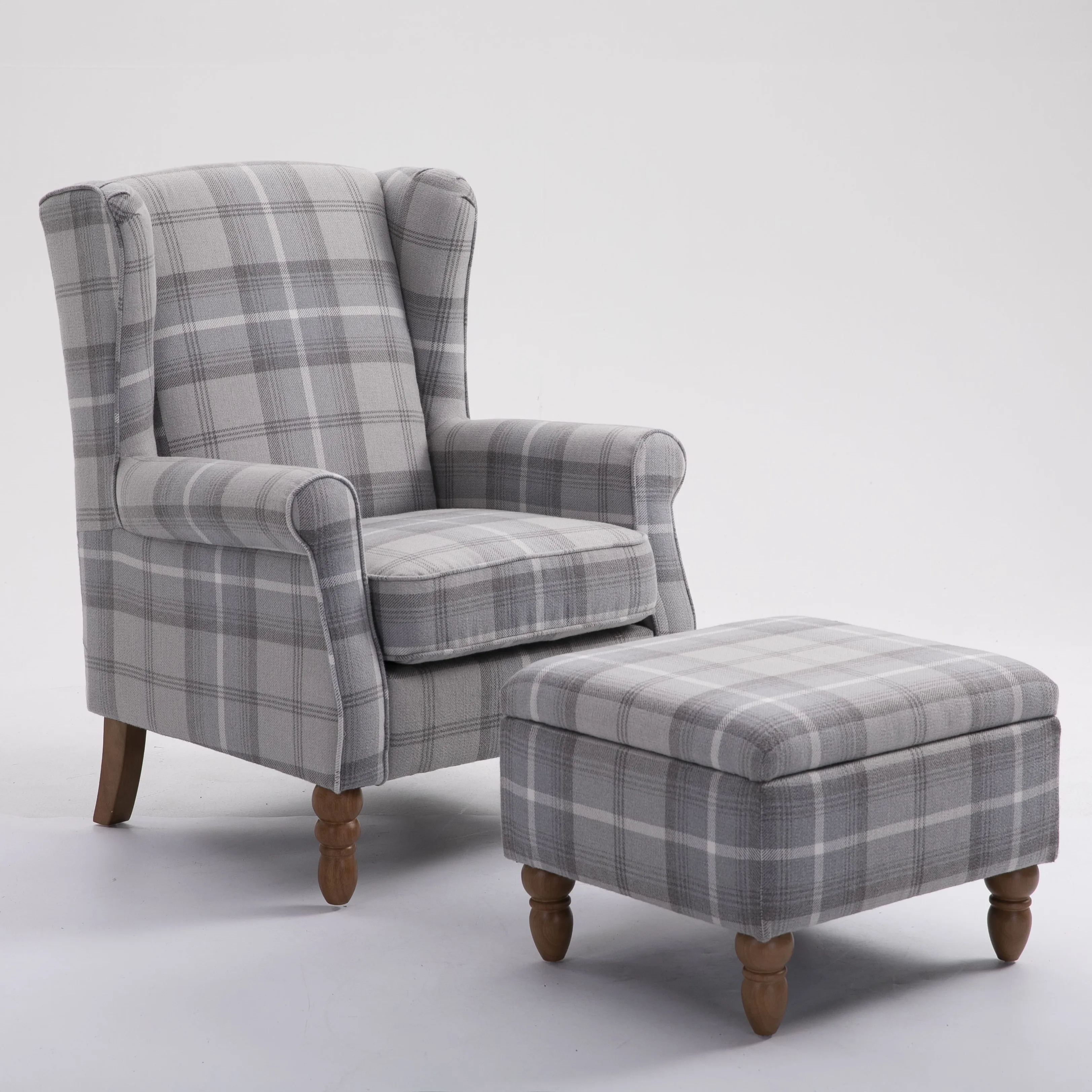 Classic Grey Fabric Upholstered Solid Wood Legs Living Room Accent Chair Armchair