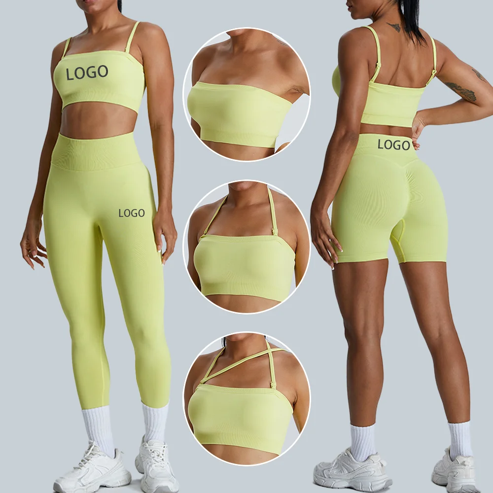 New High Quality 2 Pieces Sports Womens Biker Activewear Gym Custom Yoga Scrunch Butt Shorts Bra Set