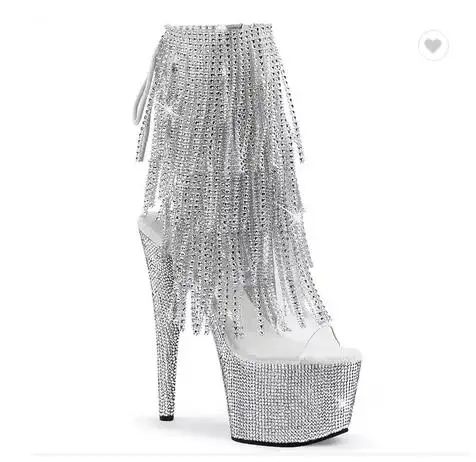 17cm high heels low heels for stage Crystal Models Gothic Rhinestones 7 inch open toe night club Ankle Boots Fringe Platform