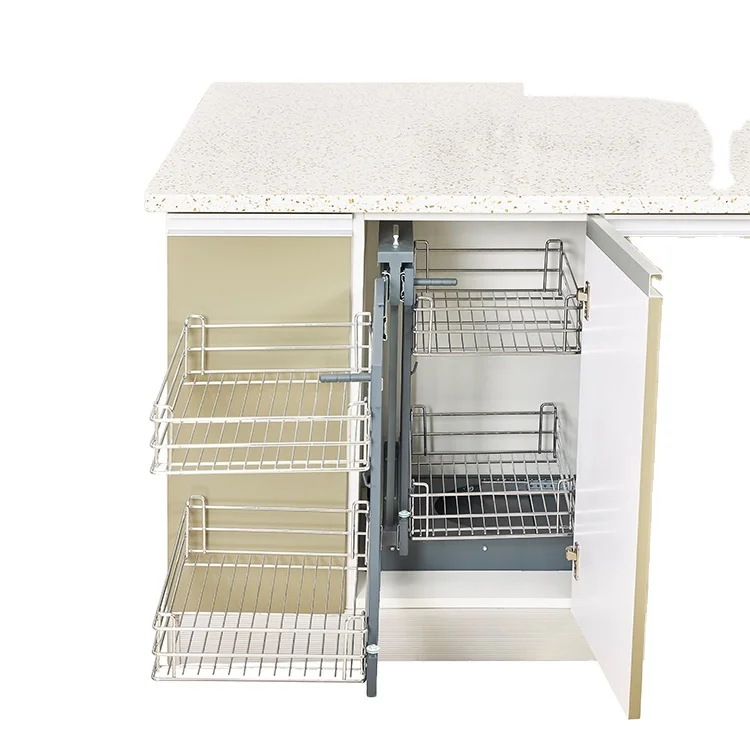 Gruwill Chrome Grey Steel Kitchen Magic Corner Unit Basket Aluminium Pull Out Soft Close Cabinet Organizers Magic Corner