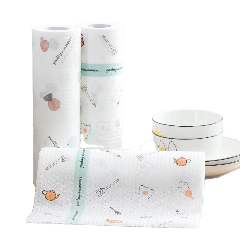 Low price spunlace nonwoven fabric printed disposable kitchen towels rags cleaning kitchen tissue roll paper towel
