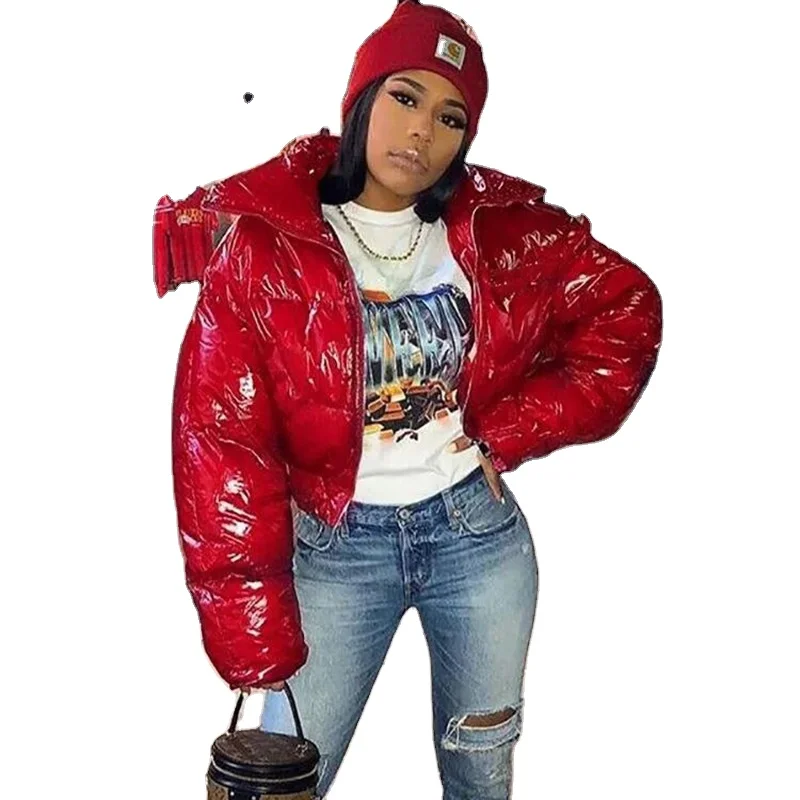 New Pure Color Mirror PU Leather Stand Collar Cardigan White Duck Down Down Jacket Women Long Sleeves Autumn Fashion Jacket