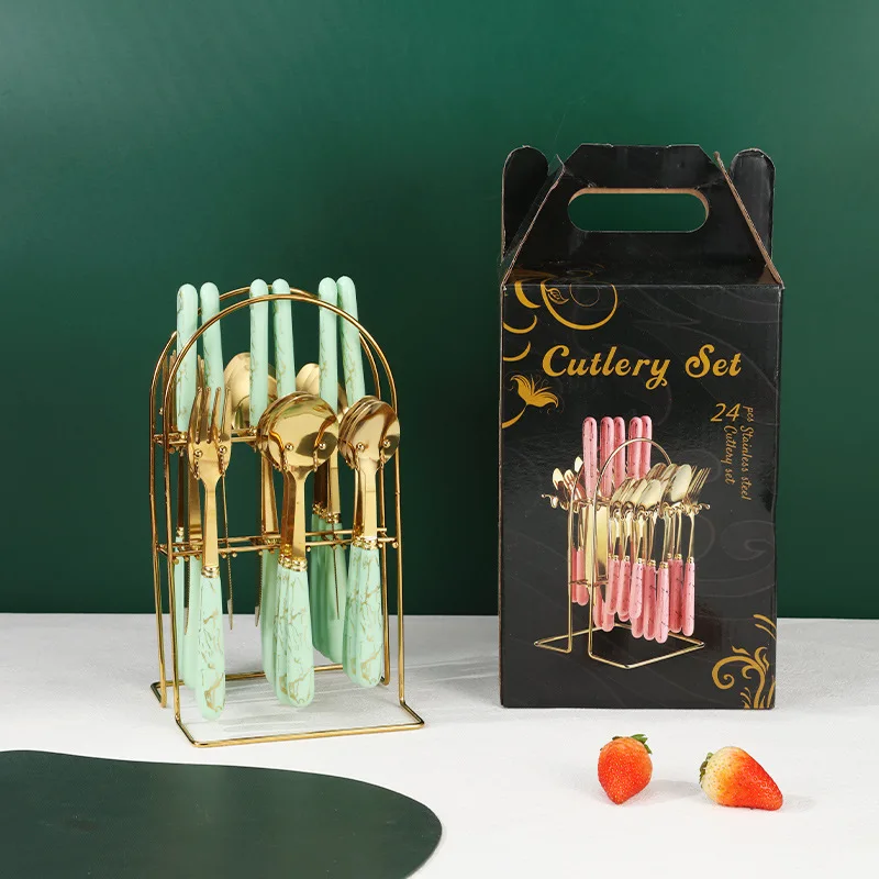 Hot Selling Stainless Steel Flatware Set Marble Design 24 pcs Fork Cutlery Gold Flatware Sets for Wedding Dinnerware