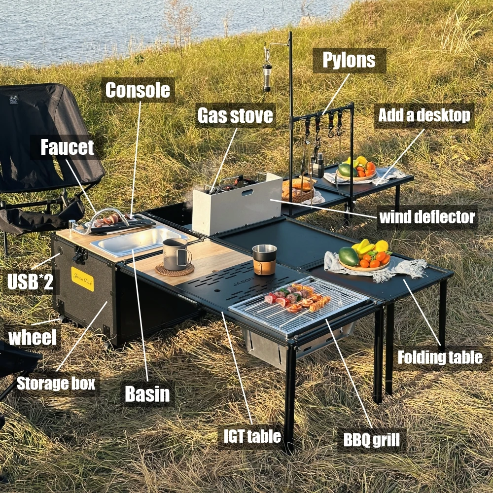 Jason Camping Standard Edition Aluminum Folding Portable Picnic Table Multi-Functional Outdoor Mobile Kitchen Box go together