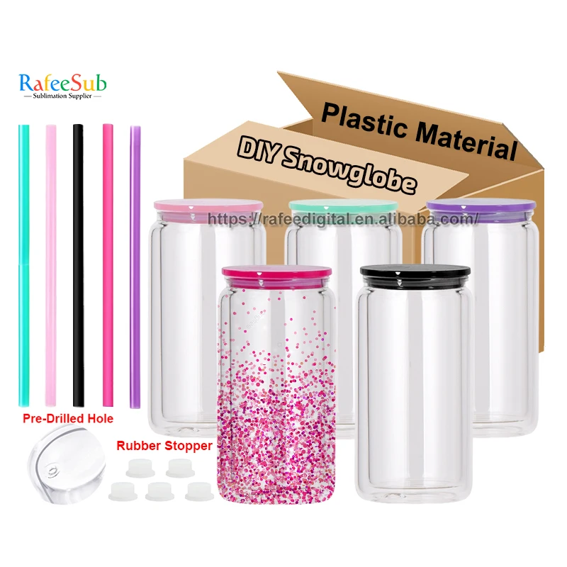 16oz 16 oz Pre Drilled Hole Double Wall PC Plastic Clear Snow Globe Beer Can Snowglobe Tumbler Cup with Plastic Lid and Straw