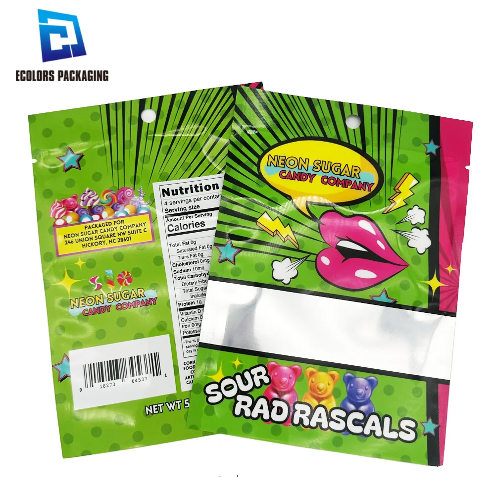 wholesale low moq recyclable custom printed heat sealing sugar sweet candy plastic bag 3 side seal flat pouches with window