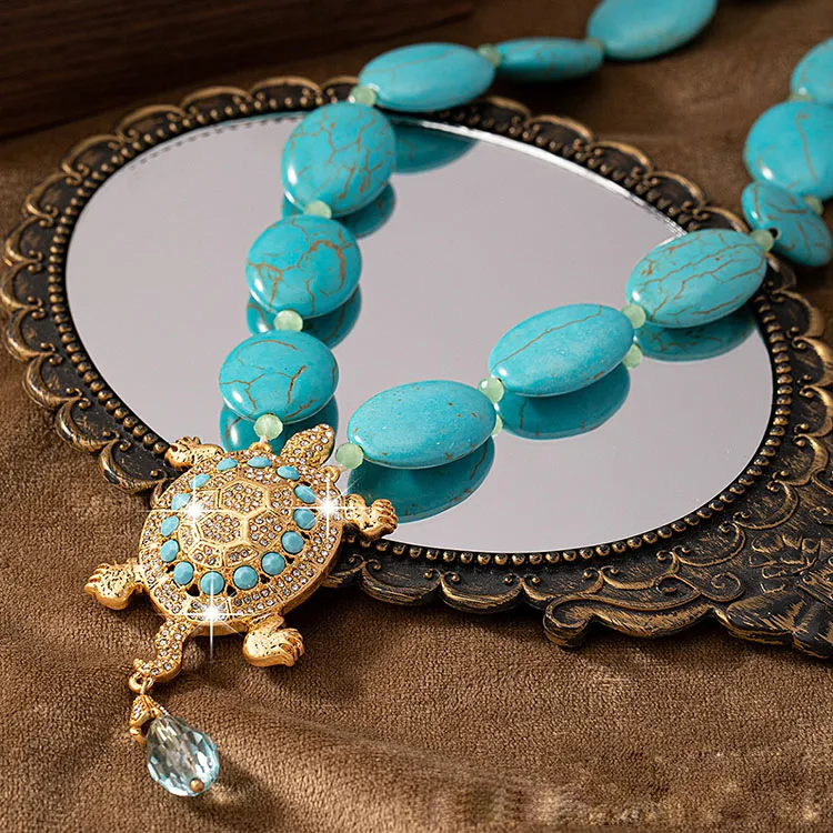 Wholesale European American Retro Vintage Luxury Daily Wear Sweater Heavy Engraved Anchor Turtle Turquoise Chain necklace
