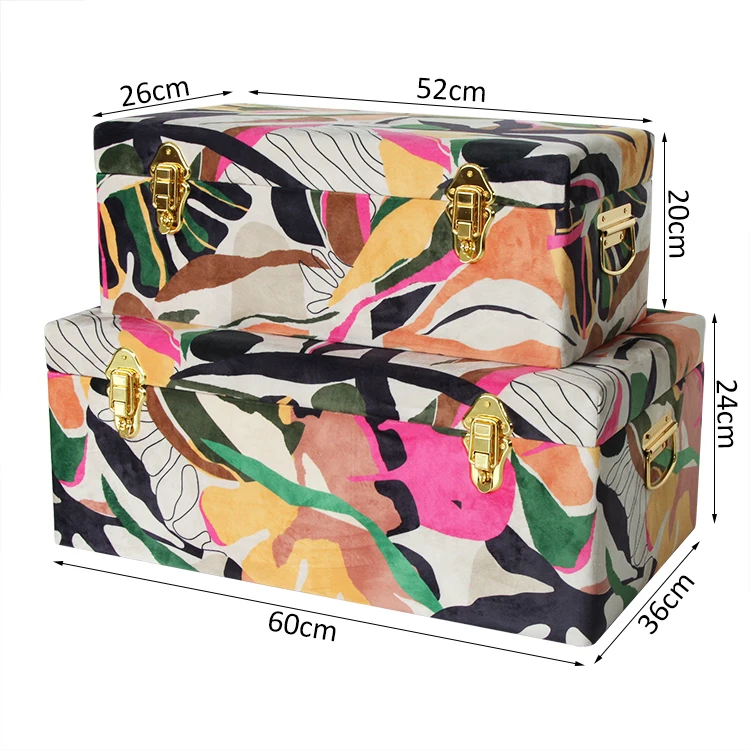 Set of 2 bright fabric flower colors fabric covered storage trunk with gold metal latch