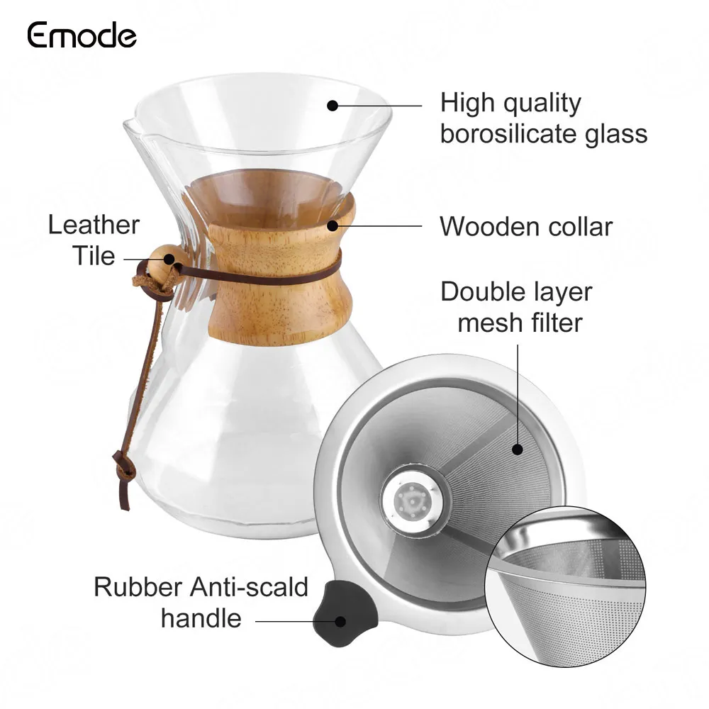 Emode Factory Price Custom Logo 800ml Borosilicone Glass Coffee Double Layer Mesh Filter Pot With Wooden Collar