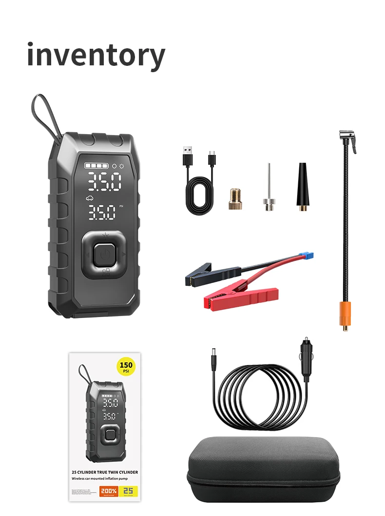 Air Pump with 15000mah Rechargeable Battery LCD Screen Tire Inflator Portable 150 PSI Motorcycles Car Engine Light Motorcycle Ki
