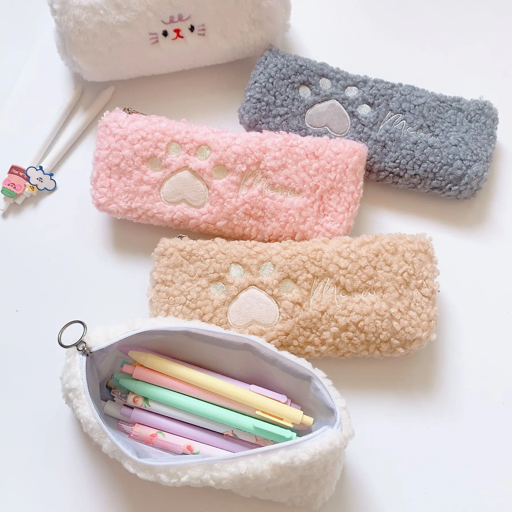 Wholesale cute soft plush embroidery cat paw pencil case kawaii pen pouch stationery school pencil case for girls