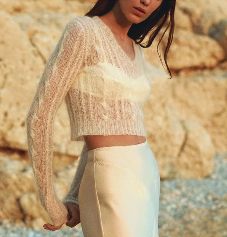 Manufacturer Custom Summer Transparent Light Ladies Hollow Out Cable Knit Crochet V Neck Crop Sweater Top for Women