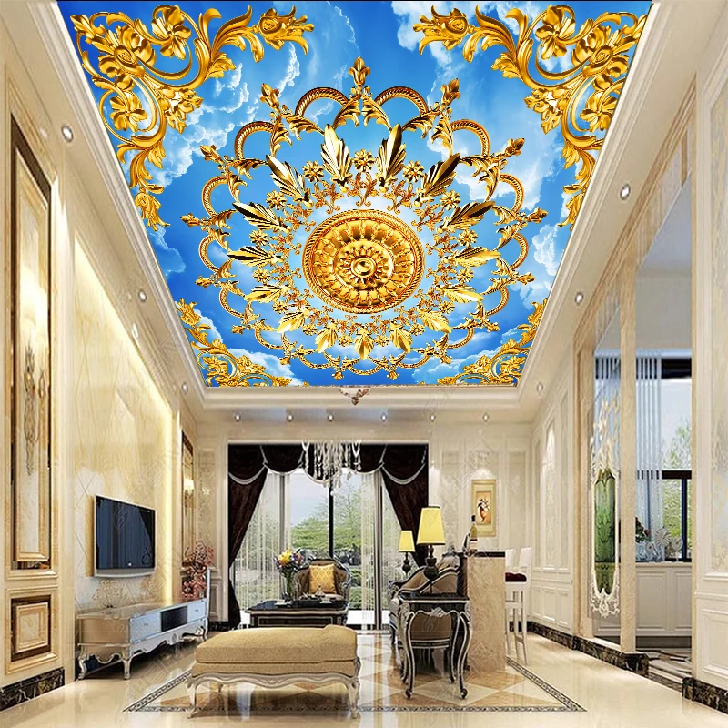3d European Style Wall Mural Gold Plaster Line Carved Ceiling Wallpaper Sky 3d Wall Papers