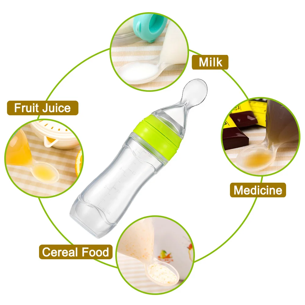 Manufacturer 120ml 4oz Silicone Baby Food Dispensing Spoon Rice Paste Squeeze Feeder Baby Bottle with Spoon