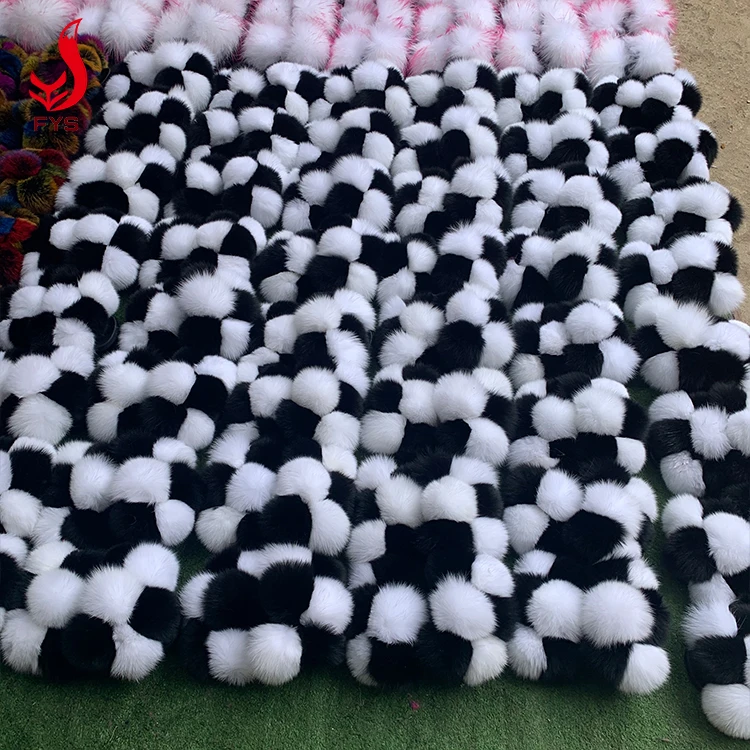 
New trendy mixed color 6 balls fur flat slipper sandals fox fur pom pom slides for women and baby 