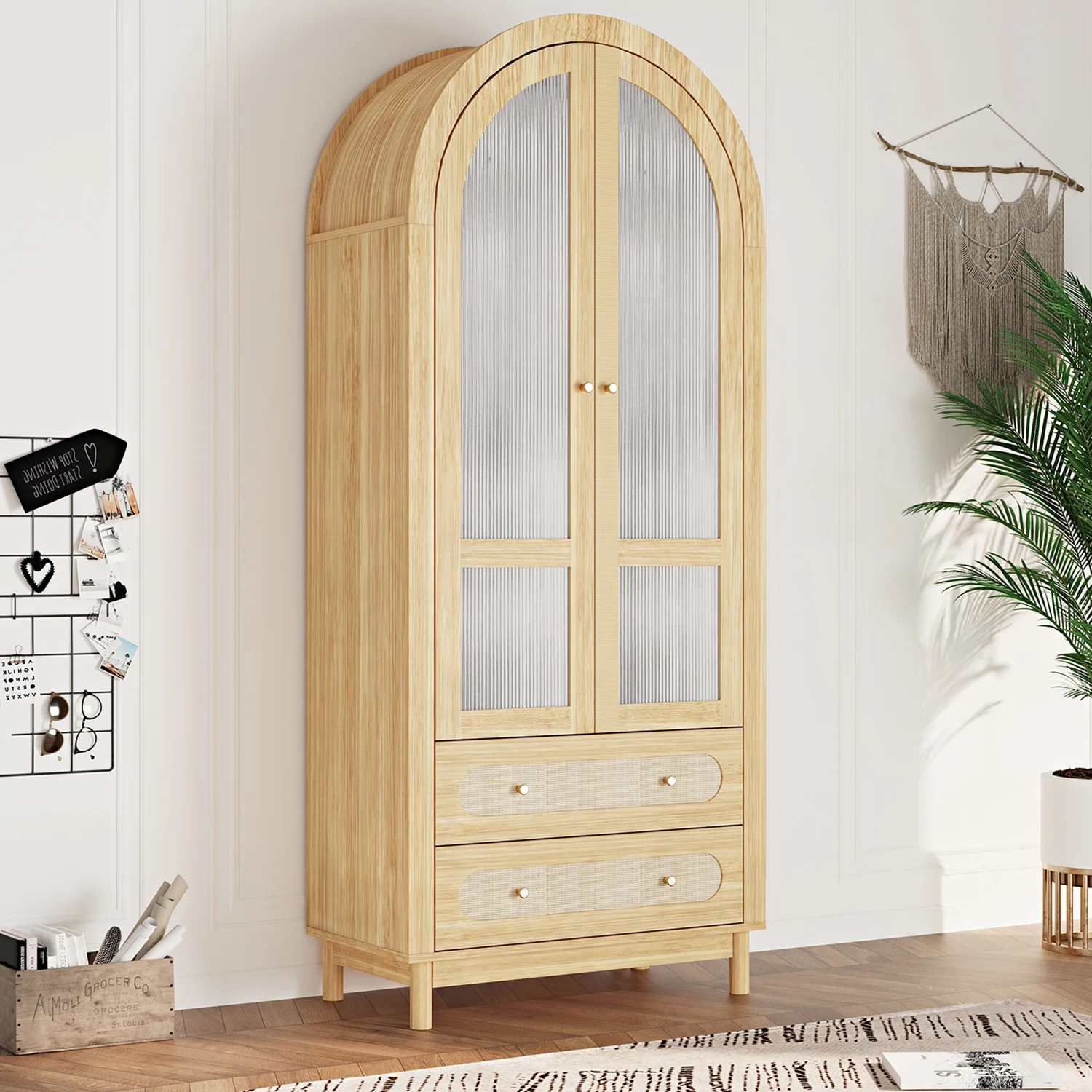 Tall arched kitchen dining book wine bar wood rattan storage display cabinet for living room, Accent Cabinet