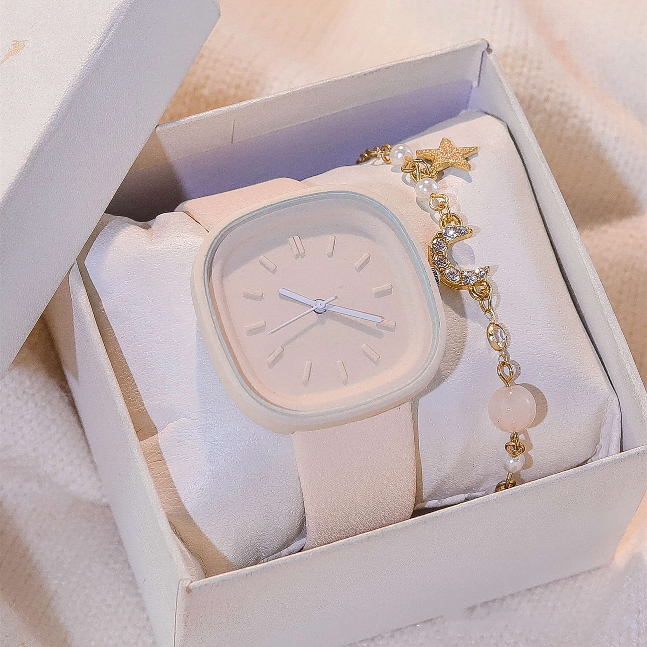 ins fashion macaron color star and moon pearl bracelet watch set cute girl watch set gift