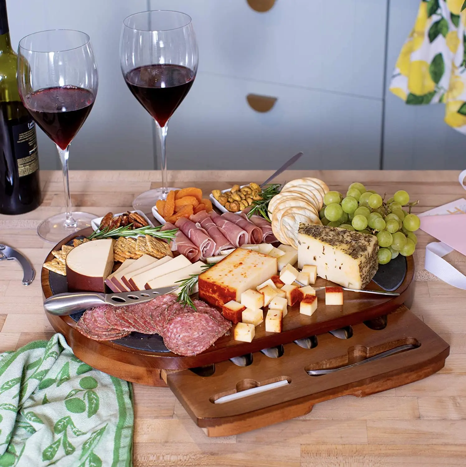 Large Round Charcuterie Board Set-Giftable 20pcs Cheese Board and Knife Set Acacia Wood & Slate Serving Tray