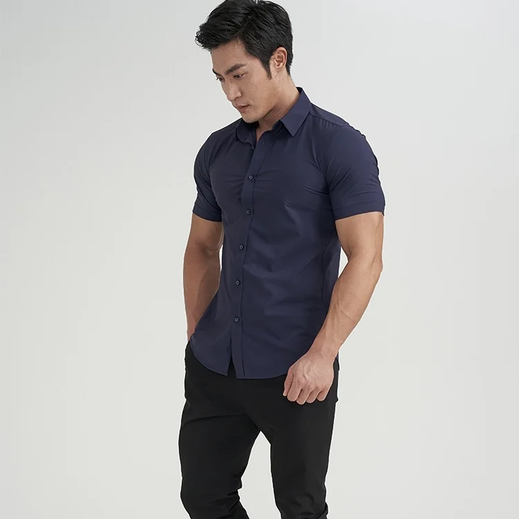 Men Solid Colour Formal Short Sleeve Cotton Breathable Stretch Slim Fit Shirt Quick-drying Wrinkle-resistant Fitness Shirt