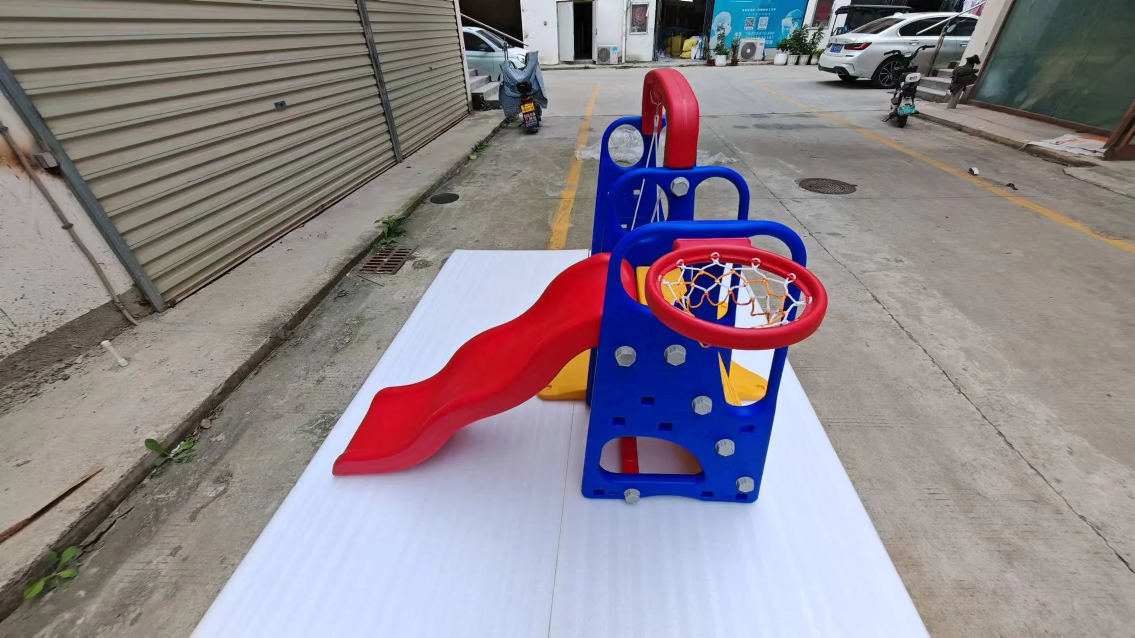 Hot sale three-in-one plastic slide with basketball toy slide with swing for kids  in indoor playground