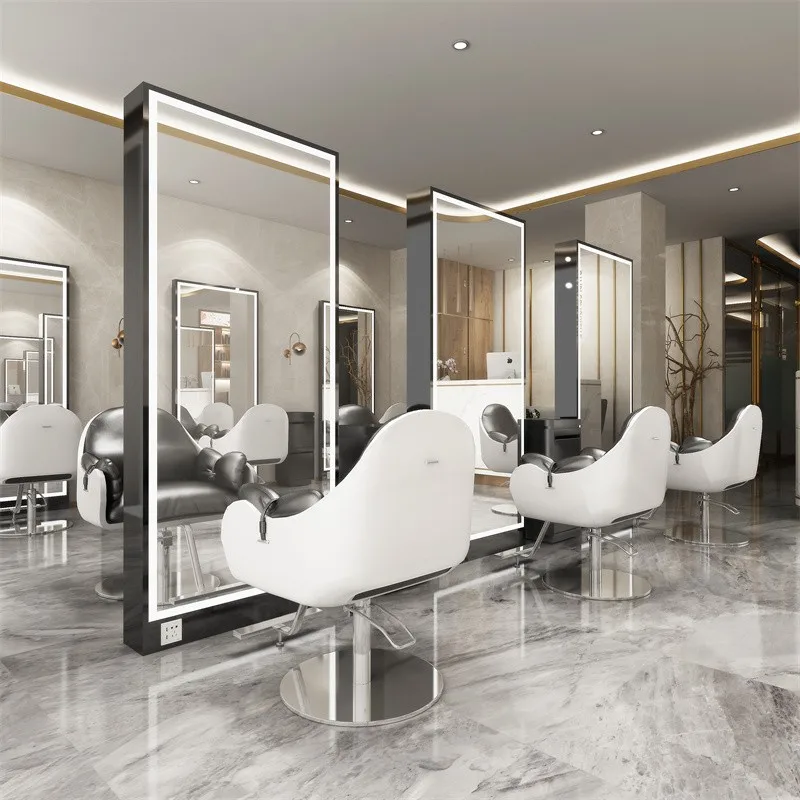 Gold single side mirror Station Luxury Light LED Mirror Cabinet Floor LED Hair Salon Furniture Barber Station