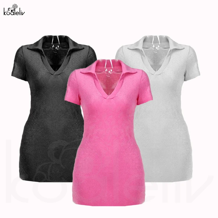 Terry Collar Dress Pink Mini Sexy Short Sleeve Towel Fabric Fashion Elegant 2021 Low Cut Bodycon Summer Women Shirt  Dress