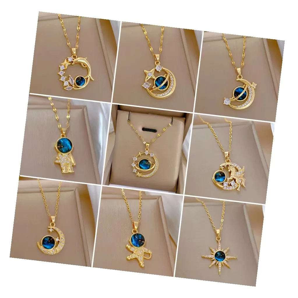 Titanium steel necklace for women non tarnish saturn planet necklace rhinestone moon stone necklace