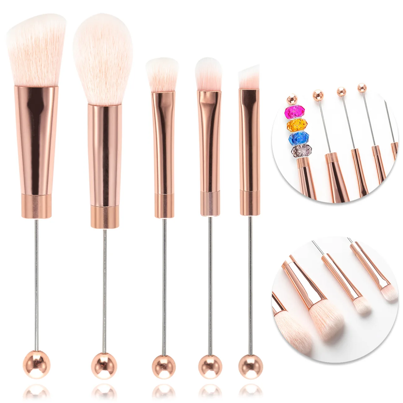 Custom DIY Beaded Metal Handle Brushes for Make Up 5-Piece Professional Powder Blush Eyeshadow Eyebrow  Makeup Brush Set