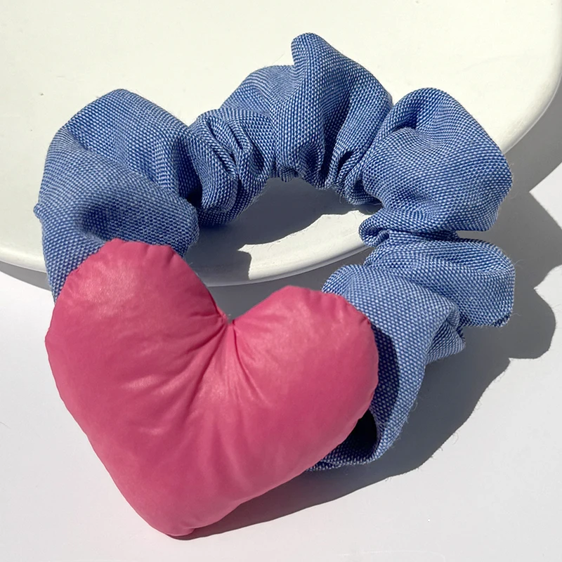 Sweet Simple Peach Heart denim three-dimensional Hair Tie Rubber Band Ponytail Holder hair Scrunchies Women Girl hairband