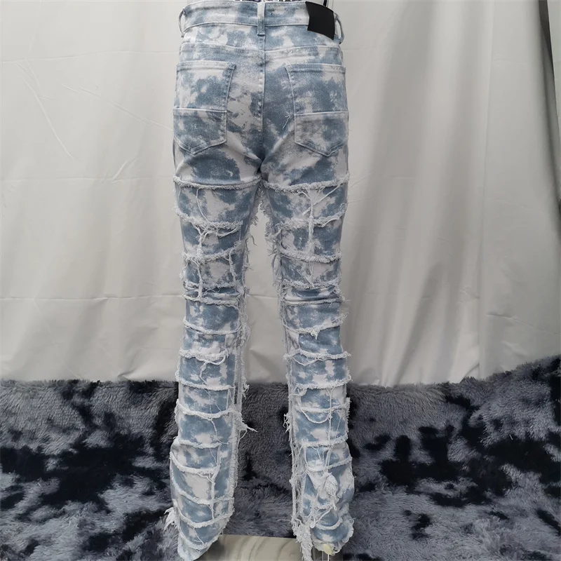 Custom Ripped Distressed Patched Streetwear Washed Camouflage Denim Jeans For Men
