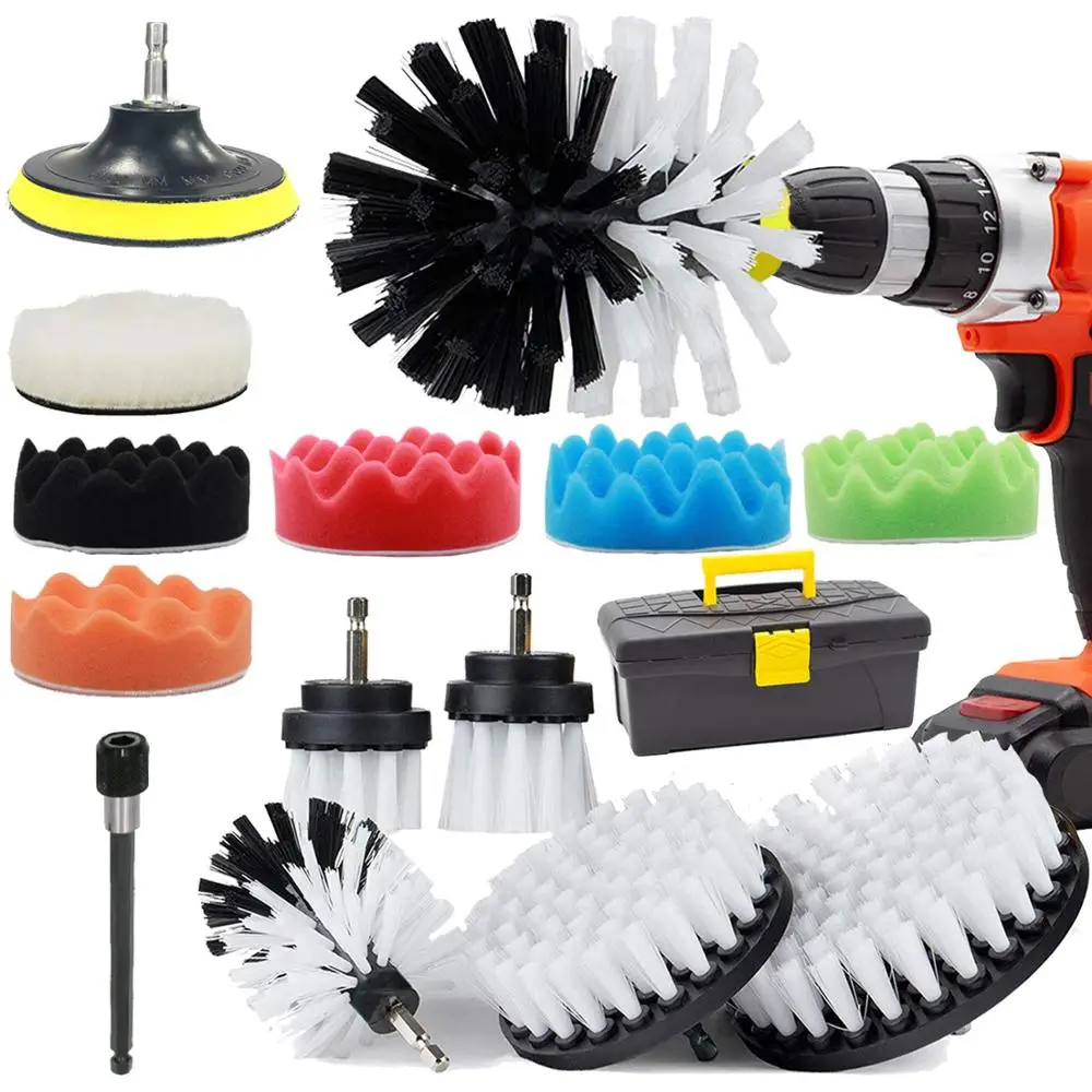 Drill Brush and Buffing Sponge Pads, 17 Pieces Power Scrubber Soft White Car Wash Kit Spin Brush Wheel Carpet